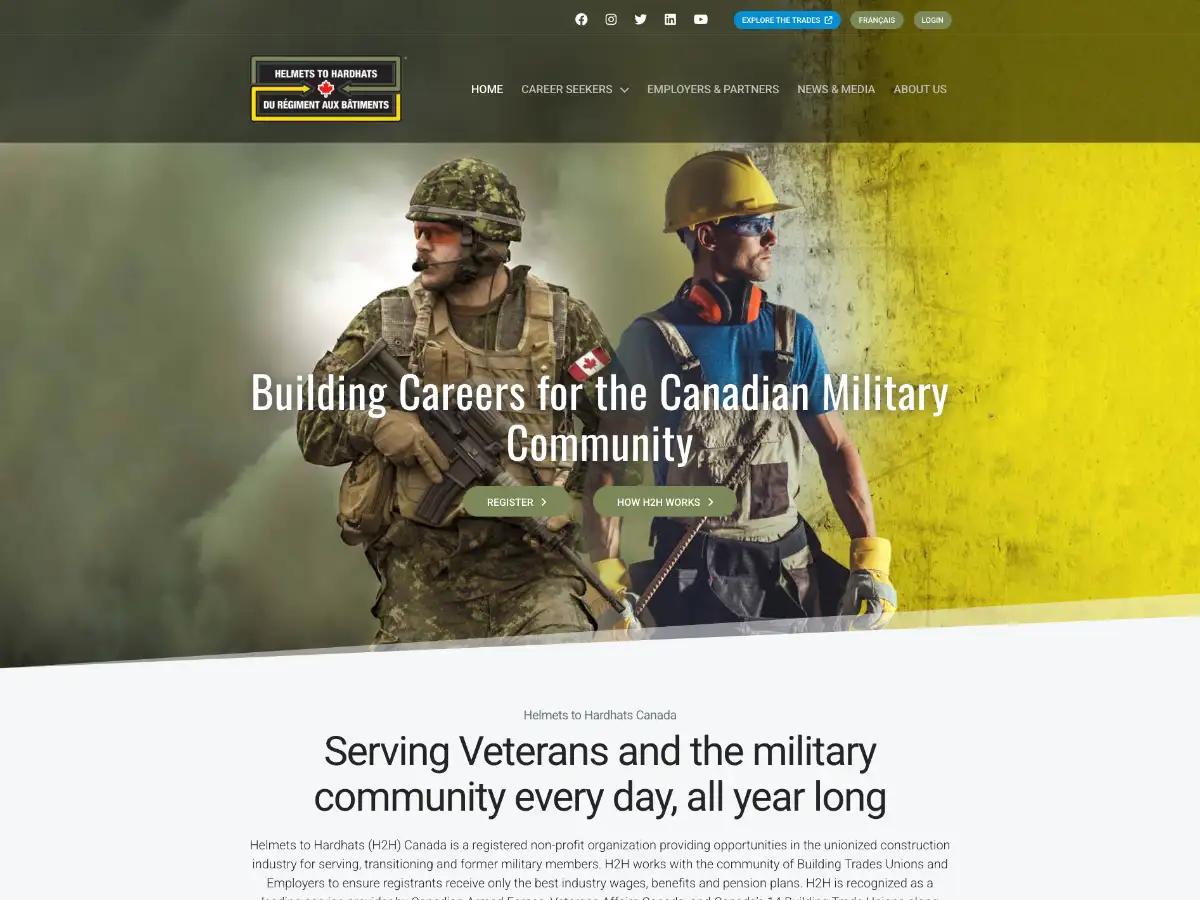 Helmets to Hardhats redesigned website — modern layout with clear navigation, bilingual toggle, and career resources