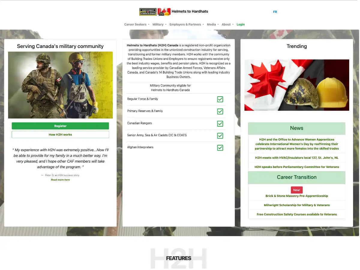 Helmets to Hardhats old website — outdated design with splash screen language selector and confusing navigation