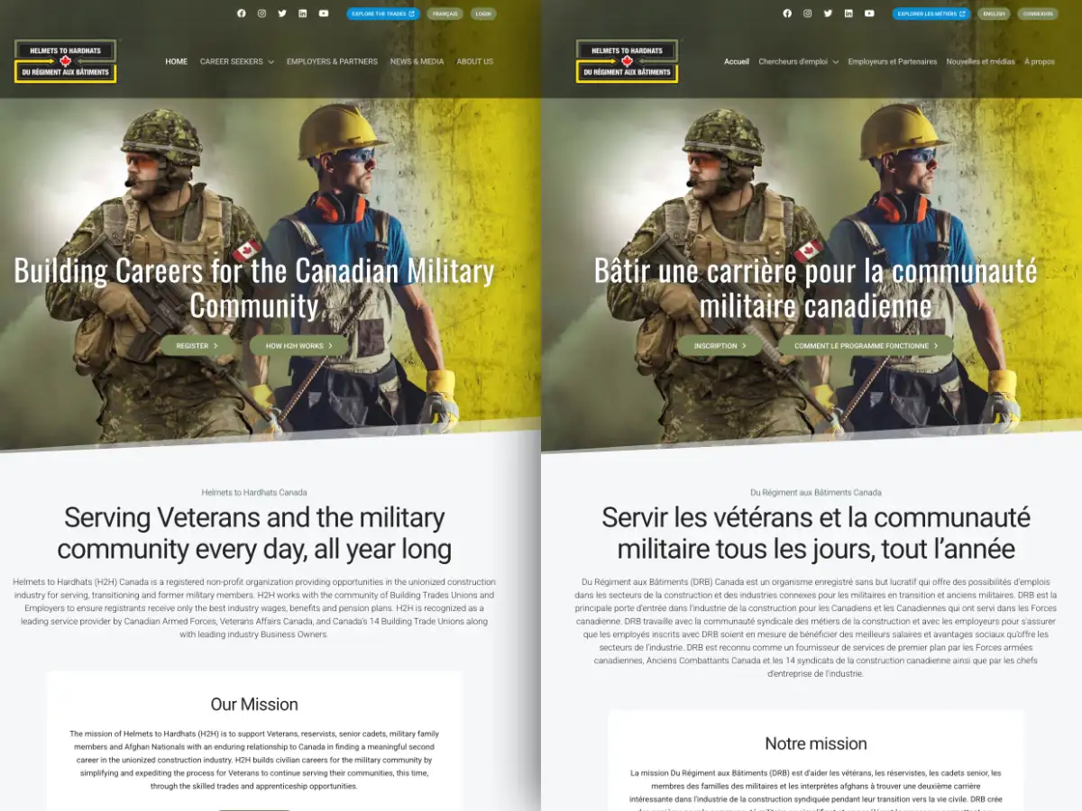 Helmets to Hardhats bilingual navigation toggle showing seamless English and French language switching