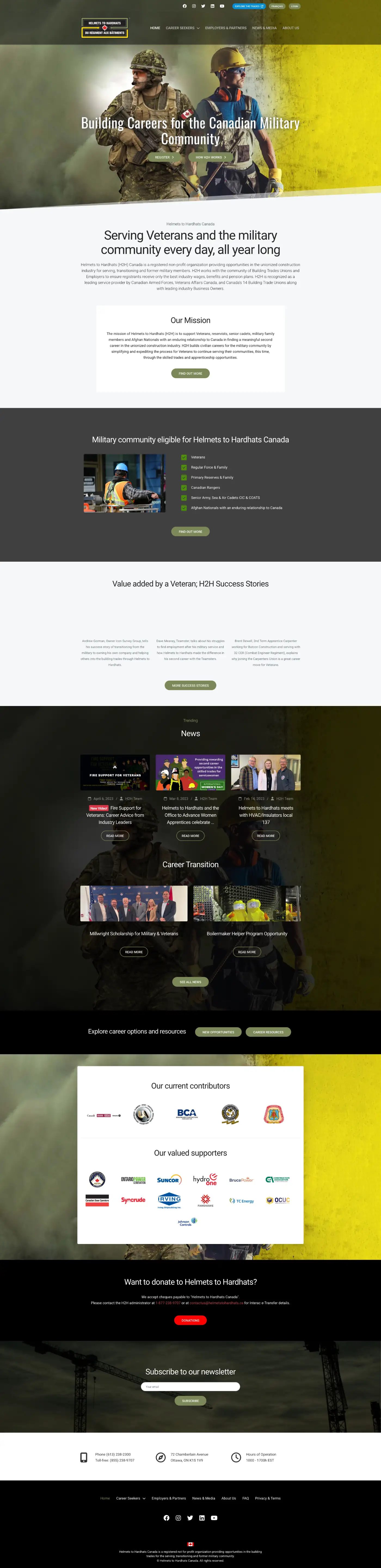 Helmets to Hardhats Canada full website showing homepage with career resources, veteran pathways, and bilingual navigation