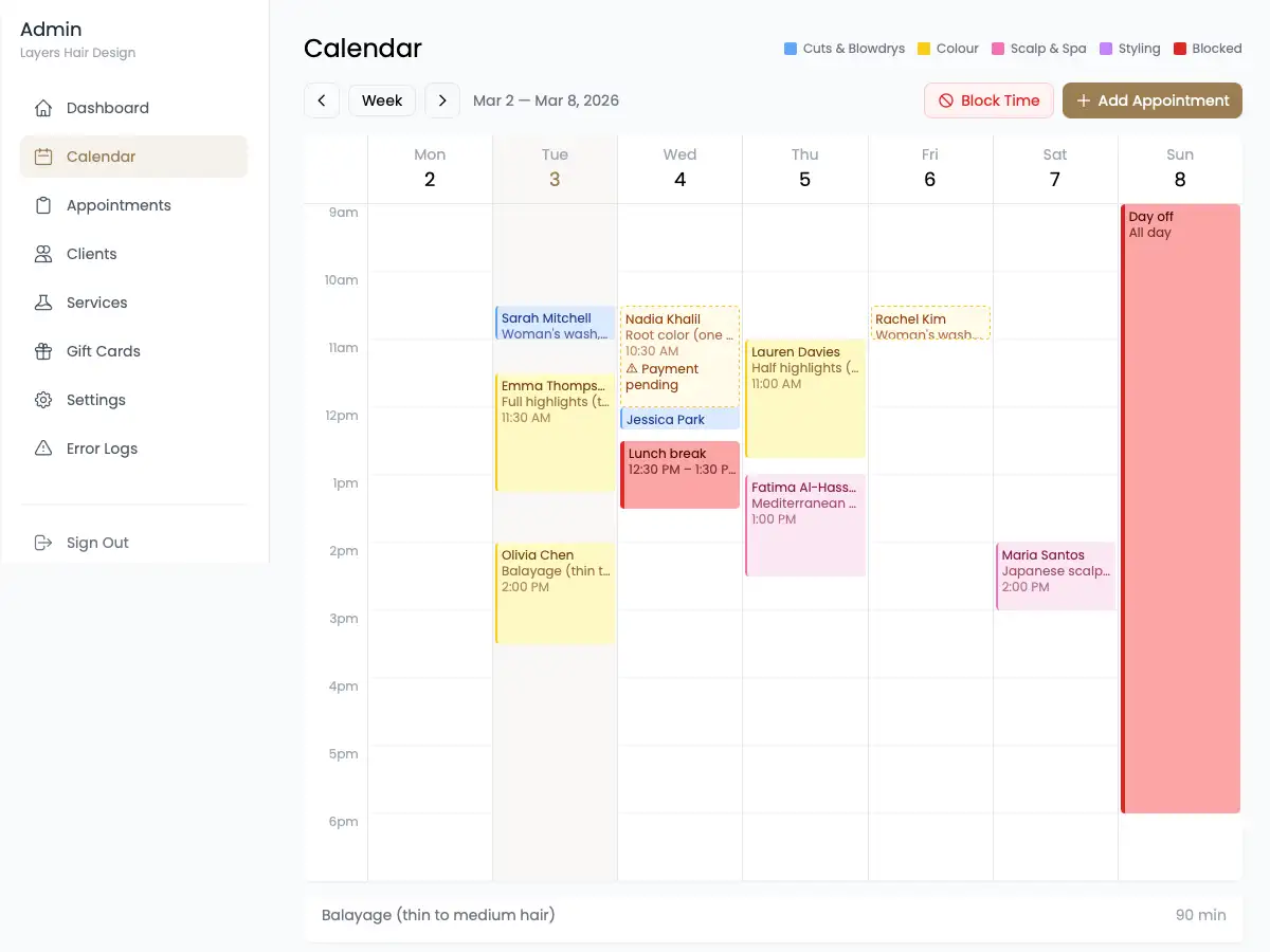 Admin weekly appointment calendar