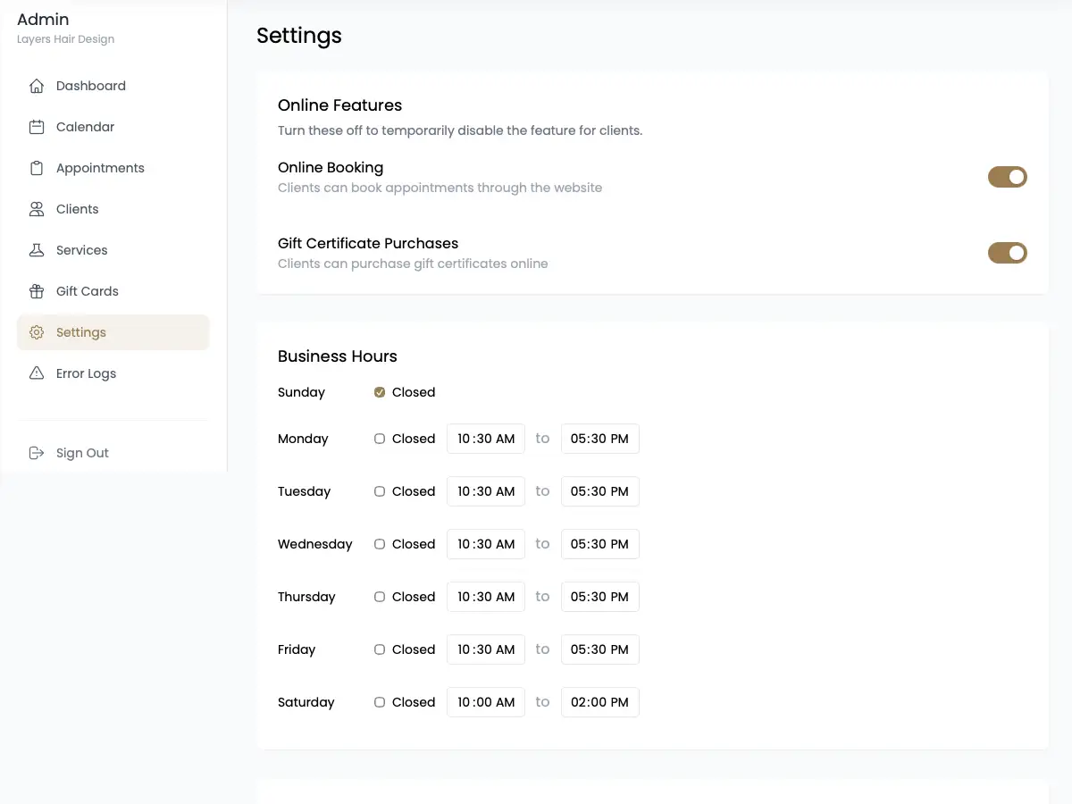 Admin services and settings panel
