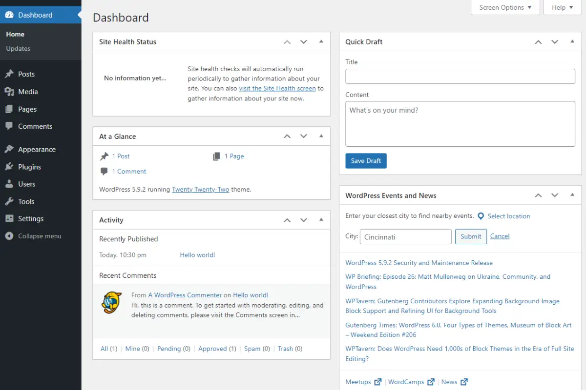 Content management dashboard with pages and blog posts