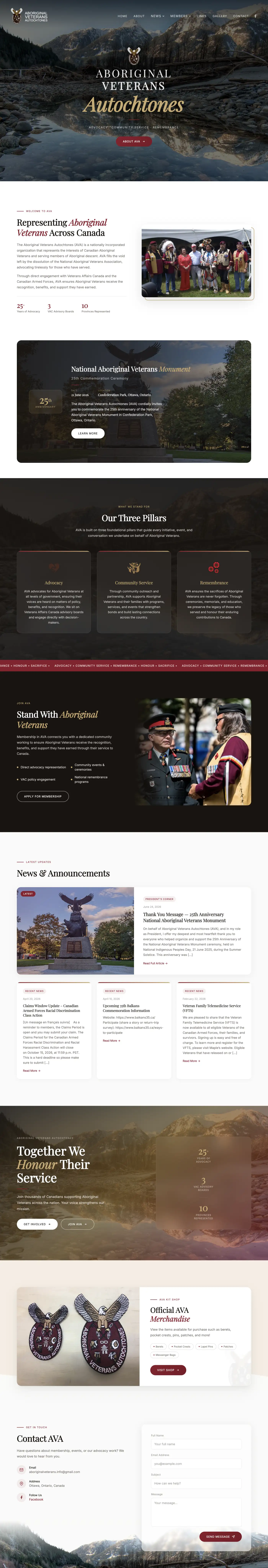 AVA website full scrollable view showing hero, about, membership, and footer sections