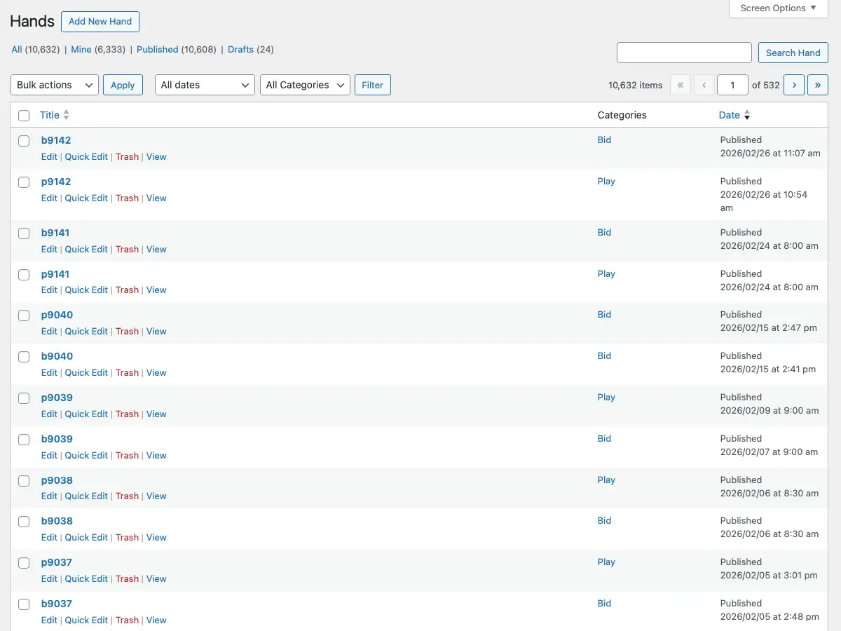 WordPress admin showing 10,632 bridge hands with title, category, and publish date columns