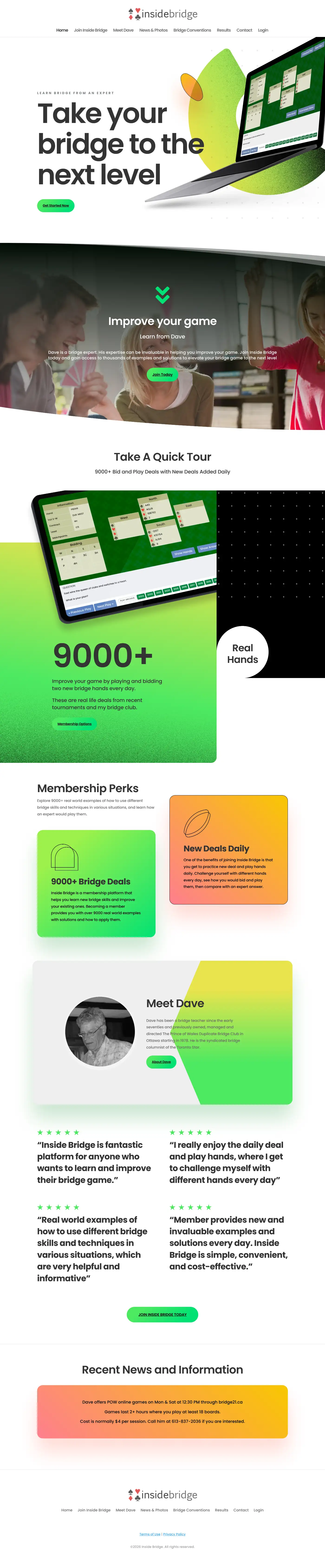 Inside Bridge e-learning platform homepage showing bridge lesson categories and membership options