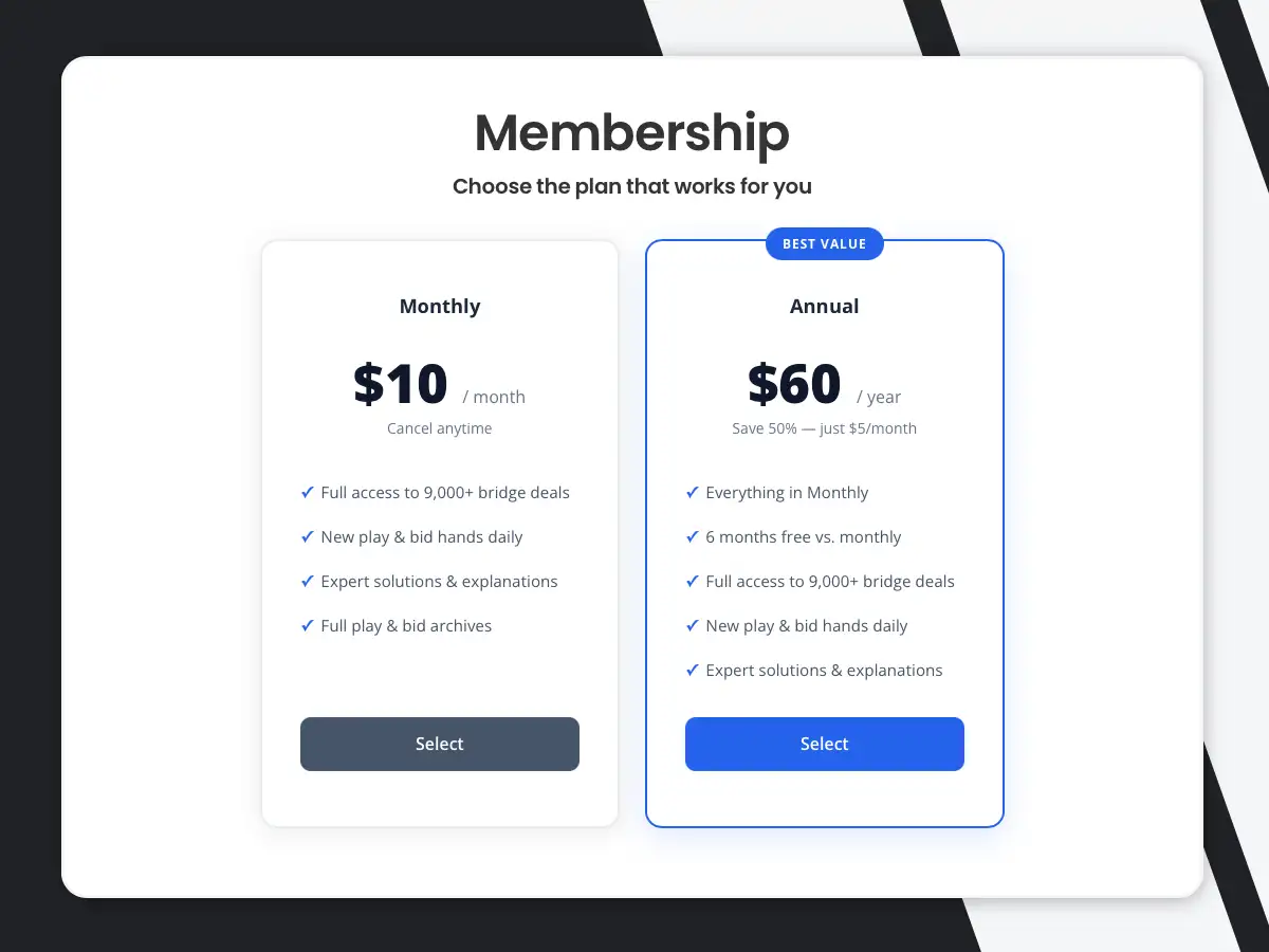 Inside Bridge membership pricing cards showing monthly and annual subscription plans with feature lists