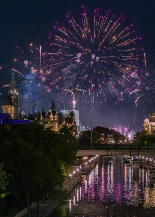 Fireworks over Parliament Hill and the Rideau Canal in Ottawa, Ontario